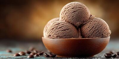 Enjoying delicious chocolate ice cream scoops in a wooden bowl with coffee beans on a rustic table photo