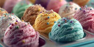 Colorful ice cream scoops displayed in a row at a dessert shop during the summer season photo