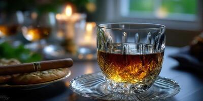 Elegant glass of whiskey beside cookies and candles during a cozy evening gathering photo