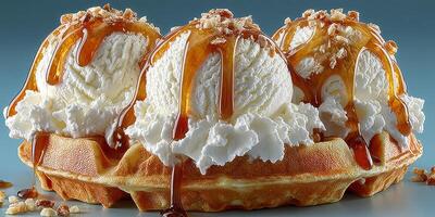 Sweet dessert experience with waffle, ice cream, and caramel sauce at a cozy bakery photo