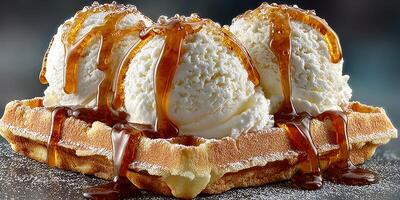 Delicious dessert featuring three scoops of vanilla ice cream on a waffle drizzled with syrup photo