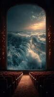 Surreal theater with ocean waves crashing in the background during sunset photo