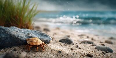 Hermit crab exploring sandy shore near rocks and grass under bright sky photo