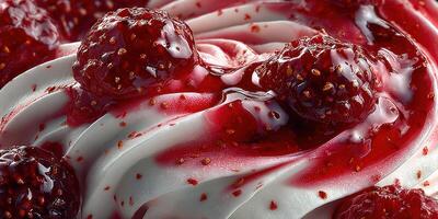 Swirls of creamy dessert topped with vibrant berry sauce and fresh raspberries in bright lighting photo