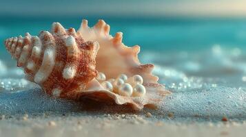 Beautiful seashell with pearls resting on sandy beach at sunset near calm ocean waves photo