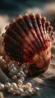 Colorful scallop shell with pearls arranged on a textured surface in soft lighting during the day photo