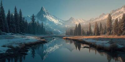 Snowy mountain landscape with a reflective river under a clear sky at dawn in a serene wilderness setting photo