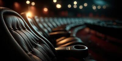 Leather cinema seats arranged in a row with soft lighting creating a warm atmosphere in the theater photo