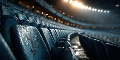 Empty stadium seats glisten with rain as lights illuminate the field at dusk during an event preparation photo