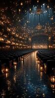 Enchanting theater interior illuminated by candlelight with sparkling chandeliers and a magical ambiance photo