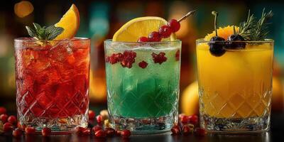 Colorful cocktails served in elegant glasses at a lively bar during a vibrant evening gathering photo