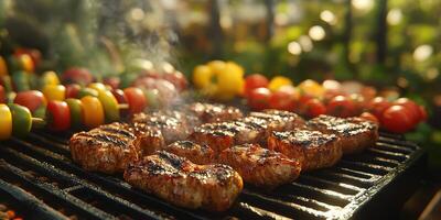 Grilling succulent steaks and colorful vegetables in a vibrant backyard during a sunny afternoon cookout photo