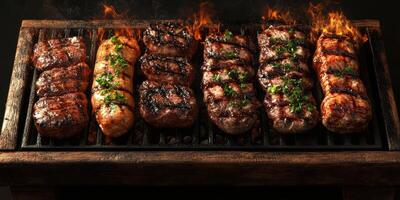 Grilling succulent steaks over an open flame with herbs at a backyard barbecue in the late afternoon photo