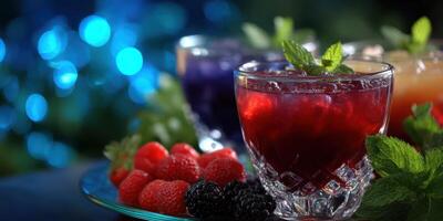 Colorful fruit cocktails garnished with mint ready for summer celebration at outdoor party in the evening photo