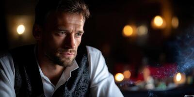 Man in elegant attire reflects thoughtfully in a dimly lit restaurant setting during an evening gathering photo