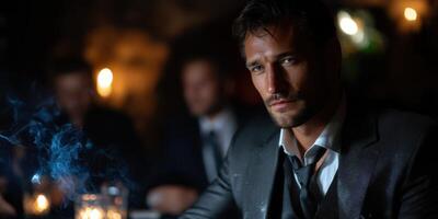 Man in a dark suit sits contemplatively at a dimly lit table with candles in an elegant lounge setting photo