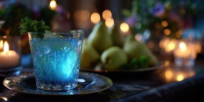 Bright blue cocktail with garnish on elegant table during evening gathering photo
