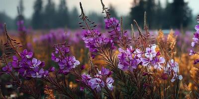 Vibrant wildflowers bloom in golden light at a serene meadow during early morning hours photo