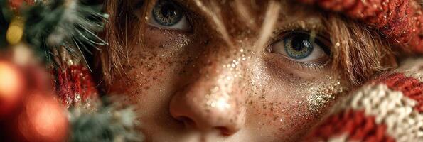 Child with sparkling eyes enjoys festive moments during winter holiday season photo