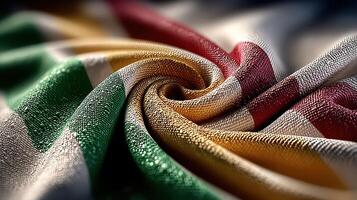 Colorful textile fabric in swirling pattern showcases vibrant design for cultural celebration purpose photo