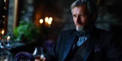 Elegant man enjoys whiskey in a dimly lit lounge with warm ambiance during a formal evening gathering photo