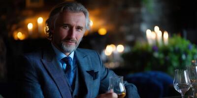 Man in a blue suit enjoying a drink in a dimly lit, elegant bar setting with candles photo