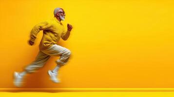 Elderly man running energetically in bright yellow setting during daytime with a cheerful expression photo