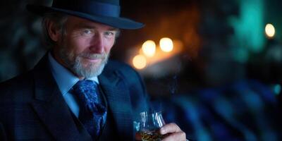 Sophisticated man holding a drink in a stylish setting with warm lighting and a cozy atmosphere photo