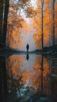 Person stands by a reflective pond surrounded by vibrant autumn foliage in a tranquil forest setting photo