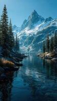 Serene reflection of snow-capped mountains and evergreens beside a tranquil lake in early morning light photo