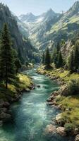 A serene mountain landscape featuring a flowing river and lush greenery during a bright sunny day photo