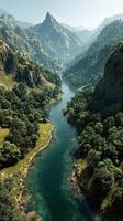 Majestic mountain landscape with a winding river surrounded by lush greenery during midday photo