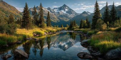 Mountain landscape with serene river reflecting trees and peaks during golden hour in a tranquil setting photo