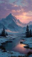Majestic snow-covered mountains reflecting in a tranquil stream at sunset in a serene winter landscape photo