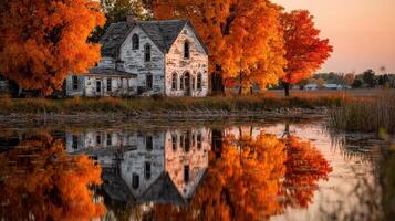 Autumn landscape featuring a rustic house by a tranquil pond surrounded by vibrant orange trees at sunset photo