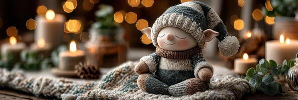 Cute knitted elf doll sitting among candles and decor on a cozy winter evening with soft lighting photo
