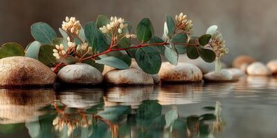 Eucalyptus branches with flowers resting against smooth stones in tranquil water at a peaceful natural setting photo
