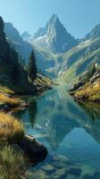 Majestic mountain landscape with serene river reflecting the blue sky at midday photo