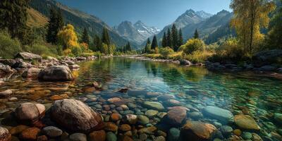 Serene river landscape with mountains and clear water in the afternoon sun photo