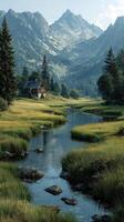 Majestic mountain landscape with a tranquil stream and rustic cabin during the early morning light photo