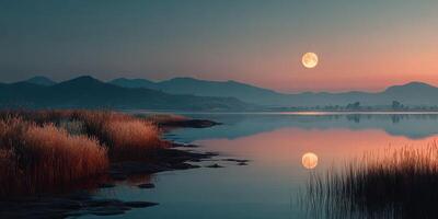 Majestic full moon illuminated over a tranquil lake with silhouettes of mountains during twilight photo