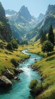 Mountain valley landscape with a winding river under clear skies and lush greenery during daytime in summer photo