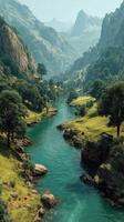 Serene river flowing through lush green valley surrounded by majestic mountains during a clear sunny day photo