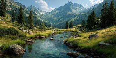 Breathtaking view of a serene mountain valley with a clear river flowing peacefully photo