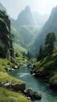 Majestic mountain valley with a flowing river and lush greenery during the early morning light photo