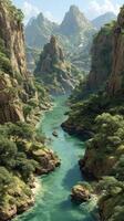 Lush river winding through rocky mountains under a clear blue sky during midday photo