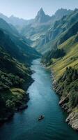Lush mountainous landscape with a tranquil river and a small boat navigating through the serene valley during daytime photo