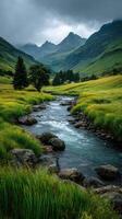 Scenic view of a tranquil river flowing through lush green meadows with mountains in the background on a cloudy day photo