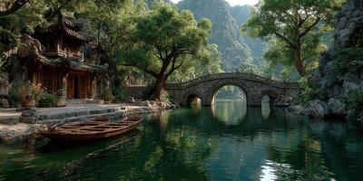 Serene waters reflecting ancient architecture near a stone bridge surrounded by verdant mountains in a tranquil landscape photo