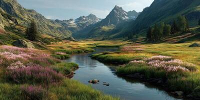 Lush valley with a tranquil river flowing through blooming meadows under majestic mountains in daylight photo